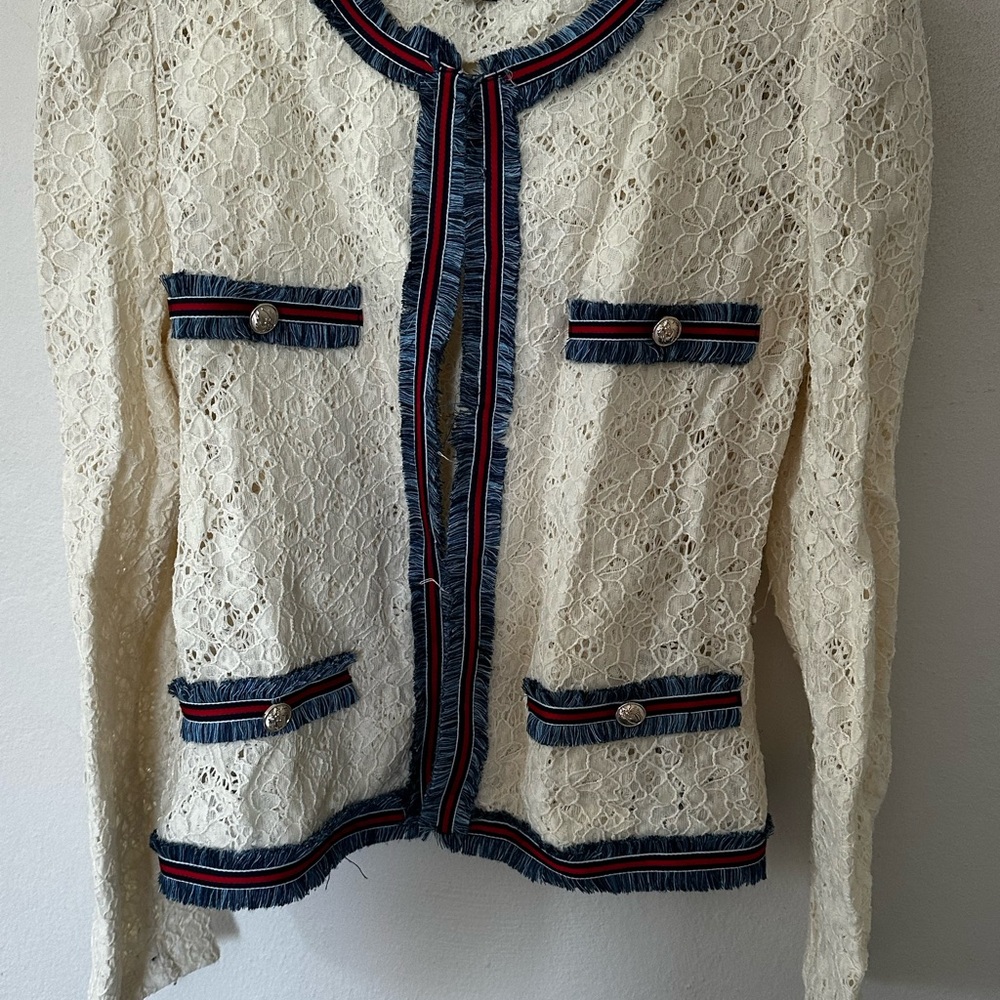 Gracia Cream Lace Blazer with Blue Trim